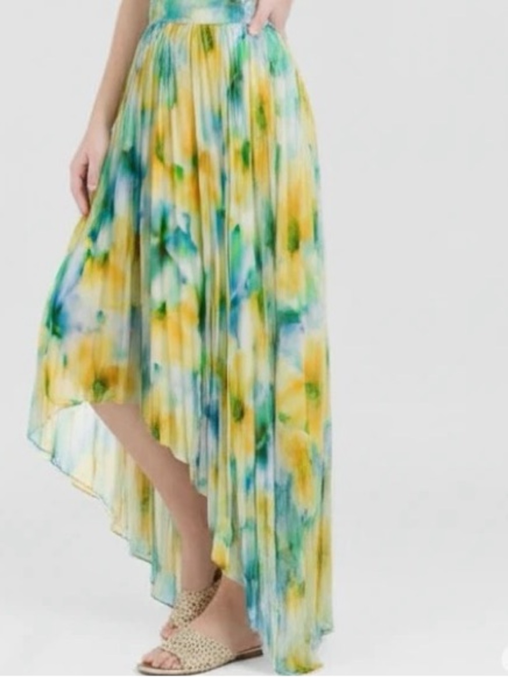 Misa Los Angeles Yellow, Green & Blue Pleated High-Low Skirt